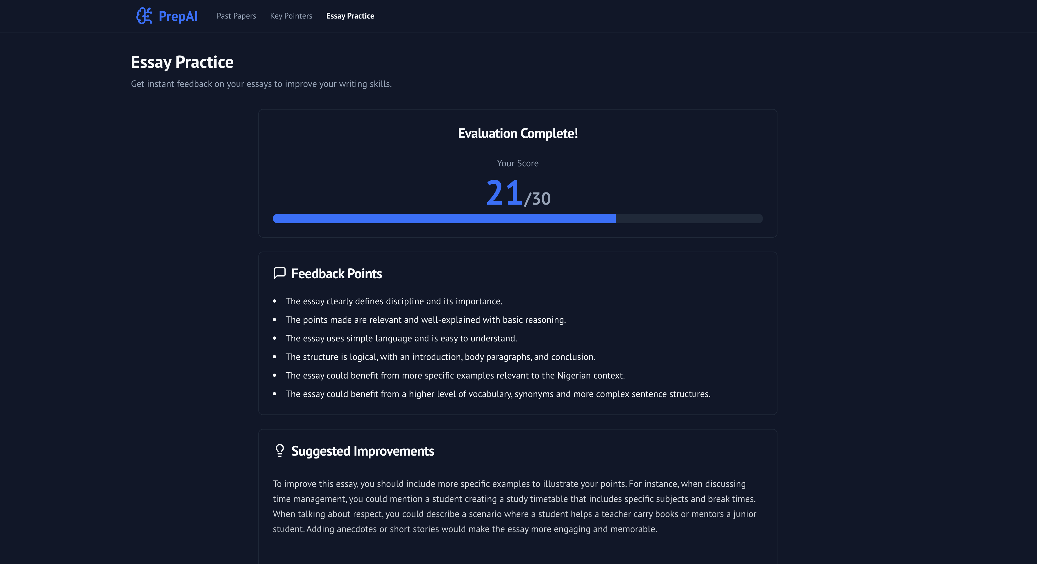 PrepAI app screenshot of essay feedback