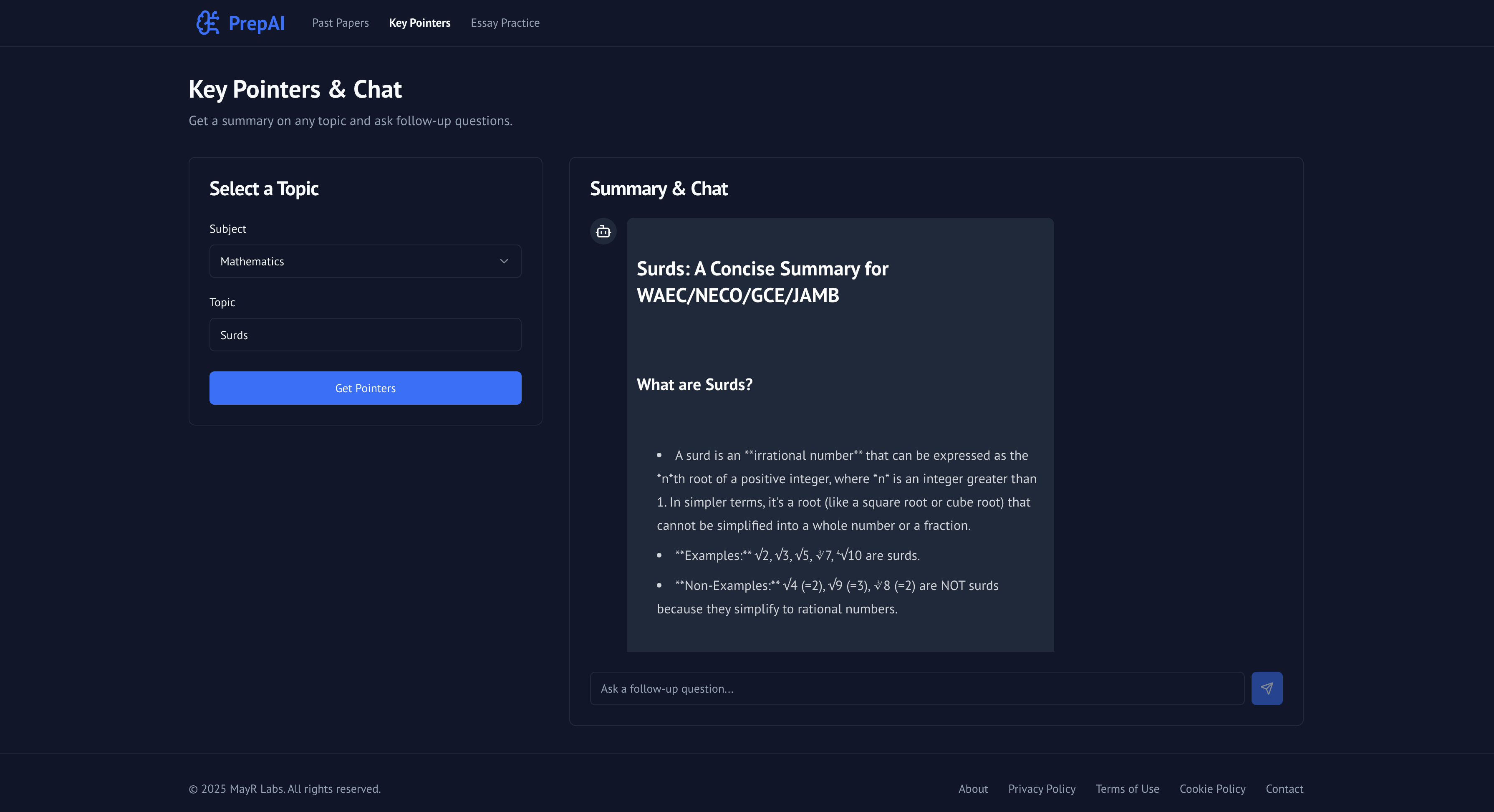 PrepAI app screenshot of the key pointers and chat